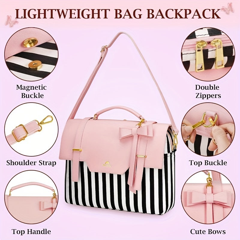 Laptop Case Briefcase for Women, 15.6 Inch Convertible Laptop Briefcase Backpack with Bow, Cute Kawaii Computer Messenger Crossbody Laptop Tote Bag Carrying Case for College Work Travel 3-in-1, Valentine's Day Gift, Valentine