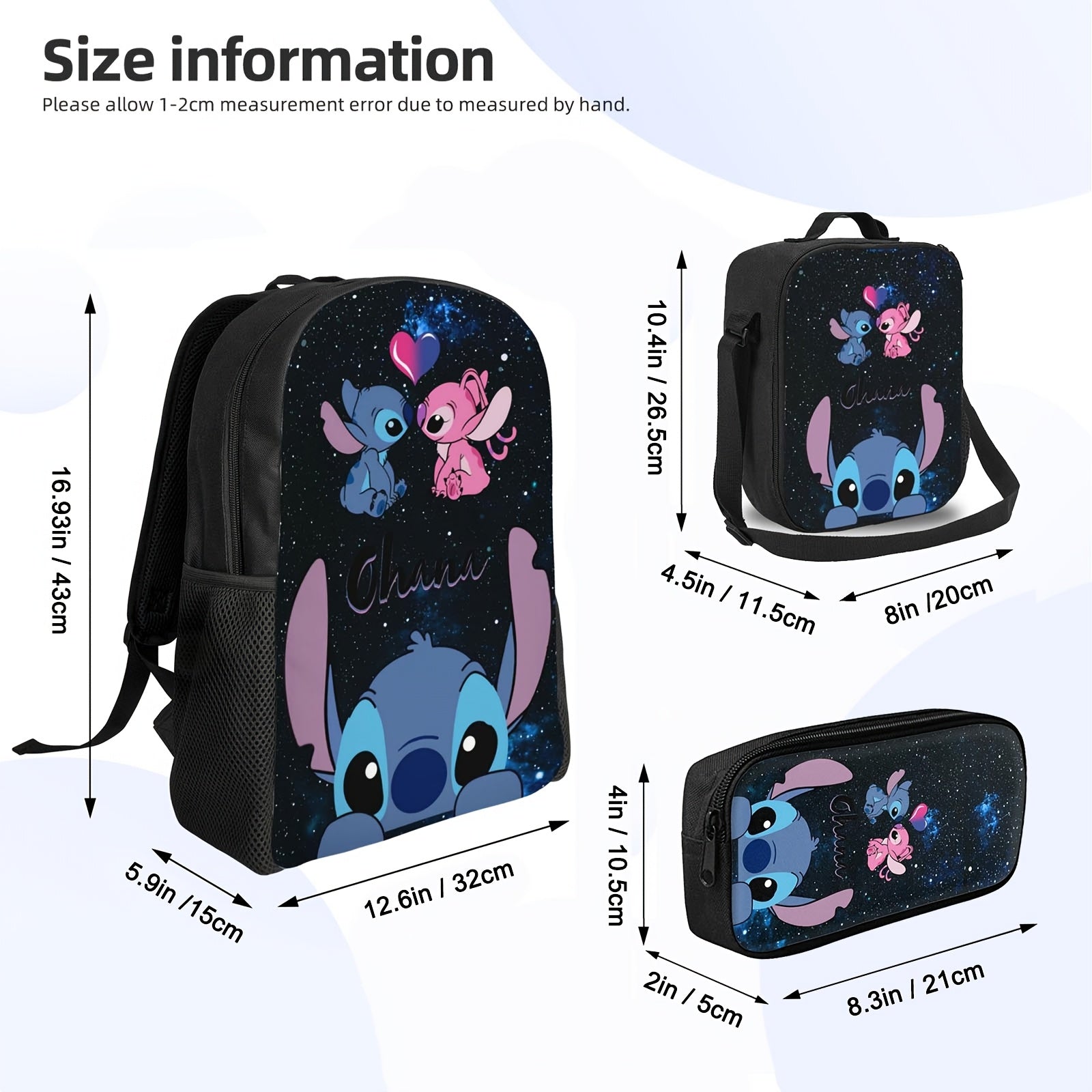 DISNEY Stich 3pcs Backpack Set - Stylish Nylon Backpack with Adjustable Shoulder Strap, Zipper Closure, Tablet Compartment - Includes Lunch Bag And Pencil Case - Lightweight, High Capacity, Hand Wash - Animal Print, Anime The