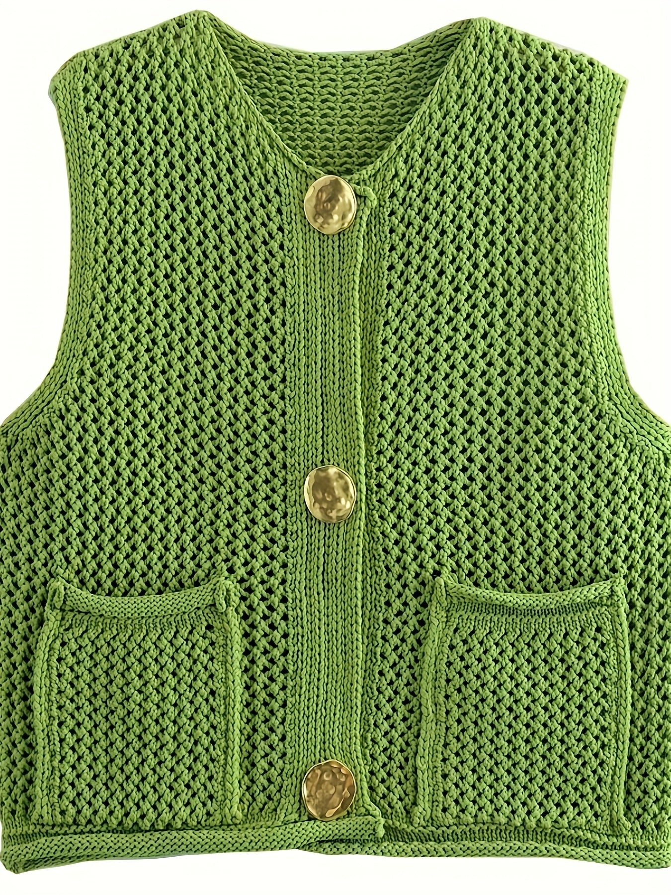 Women's Casual Sleeveless Knit Vest with Large Button Front and Patch Pockets - Lightweight Polyester Cardigan for Spring/Summer/Fall - Green, Knit Cardigan