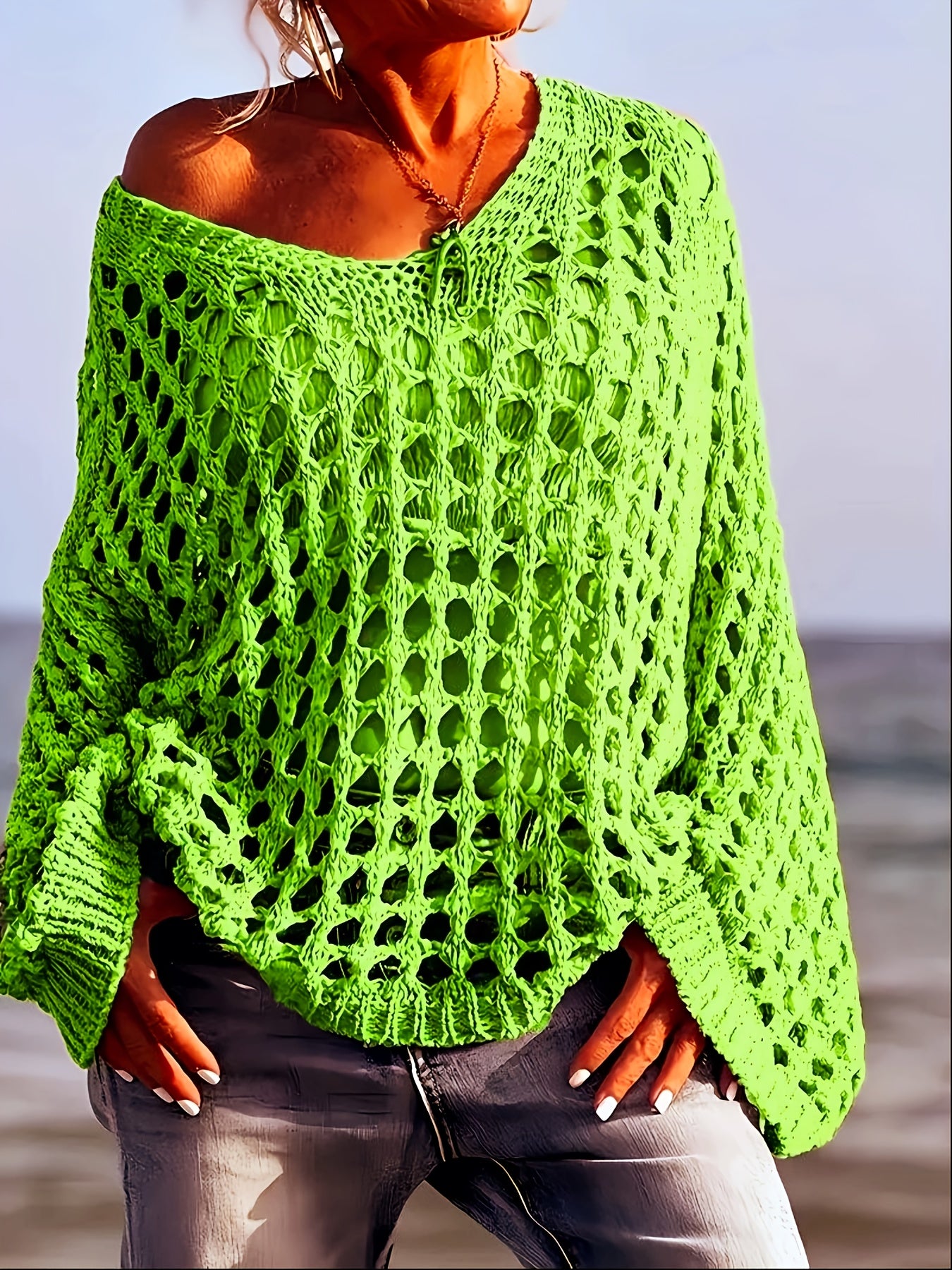 [Beach-Ready] Women's Crochet Knit Top | Long Sleeve | Polyester | Breathable | Casual | Spring & Summer