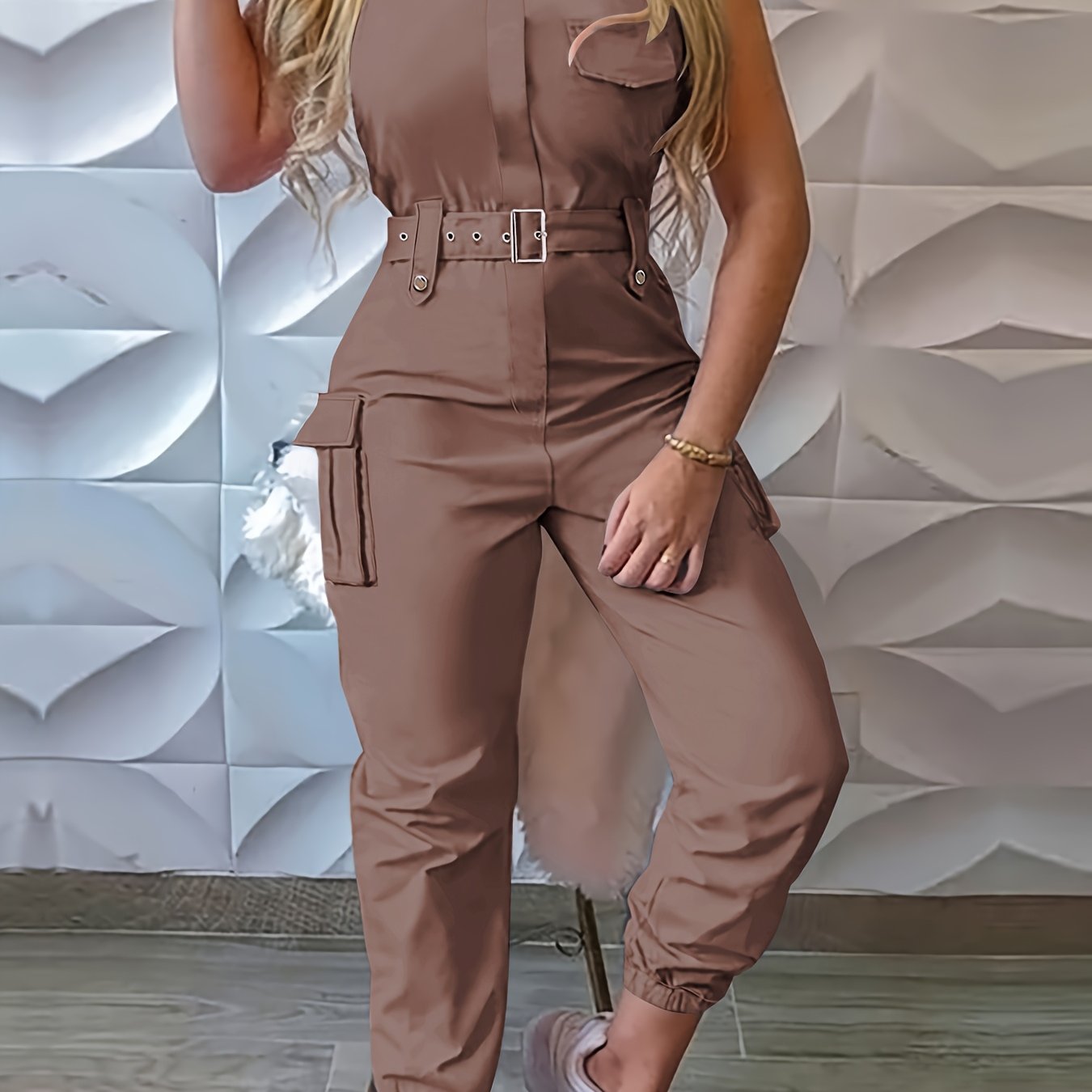 Solid Flap Pocket Cargo Jumpsuit with Belted Detail, Sleeveless Women's Casual Jumpsuit