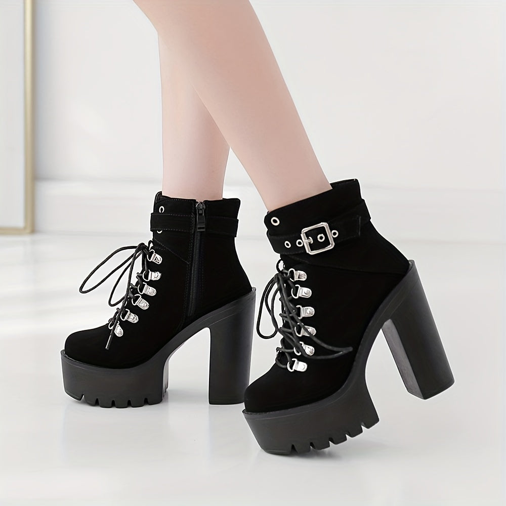 Black Women's Platform High Heels Ankle Boots, Round Toe Lace Up Ankle Buckle Strap Fashion Party Motorcycle Short Pumps