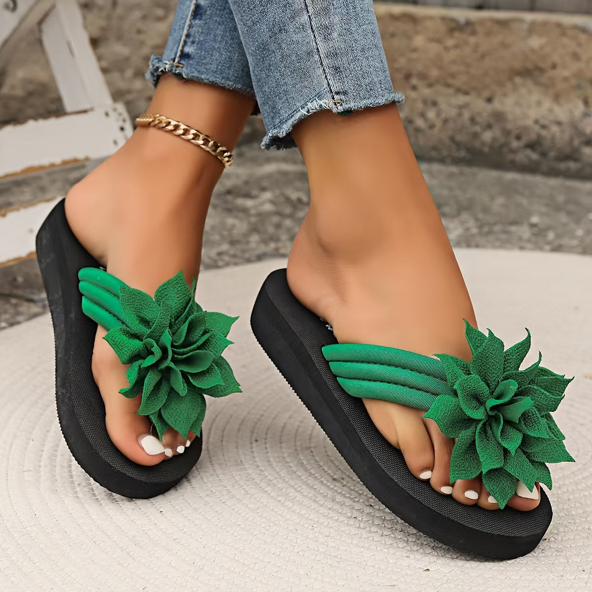 Women'S Bohemian Flip Flops - Black, Red, Green & Pink with Floral Accents, Casual Sandals for Beach, Pool & Everyday Wear, All-Season Comfort, Rubber Sole, Slip-On Style, Casual Footwear | Bohemian Style | Rubber Sole Sandal