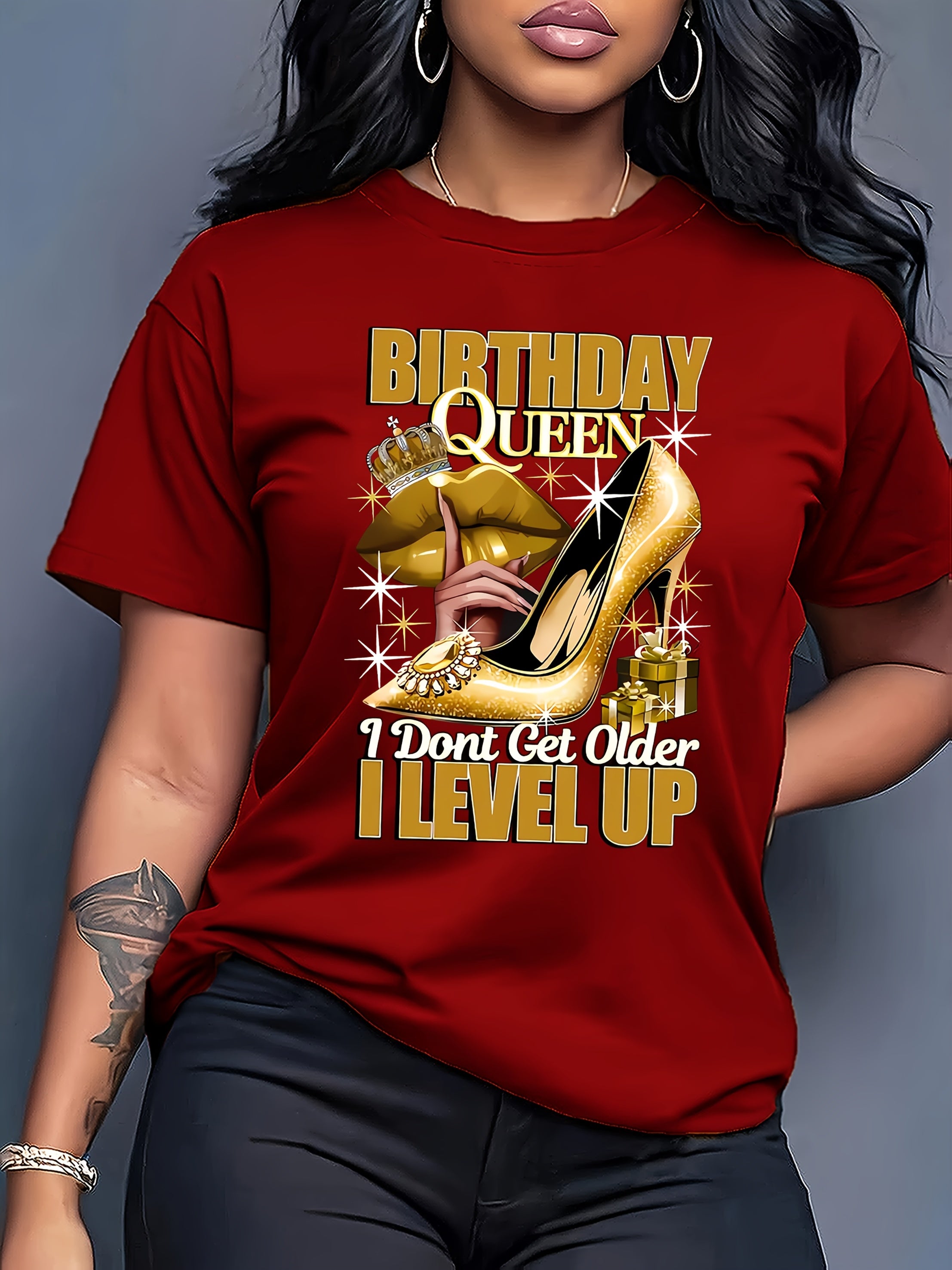 Birthday Queen Printed Women'S T-Shirt - Casual Crew Neck, Short Sleeve Top with High Heels & Crown Design, Perfect for Spring/Summer Celebrations, Birthday Party Apparel | Festive Design | Golden Crown Graphic, Birthday Part