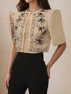 Women's Lightweight Floral Print Puff Sleeve Blouse - Semi-Sheer Round Neck Casual Chic Top for Work, Outings & Leisure | Spring Summer Machine Washable Shirt, Work Apparel | Elegant Design, Ladies Blouses