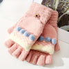 Cute Sweet Jacquard Convertible Mittens Short Thick Warm Half Finger Knit Gloves Autumn Winter Coldproof Windproof Touchscreen Gloves