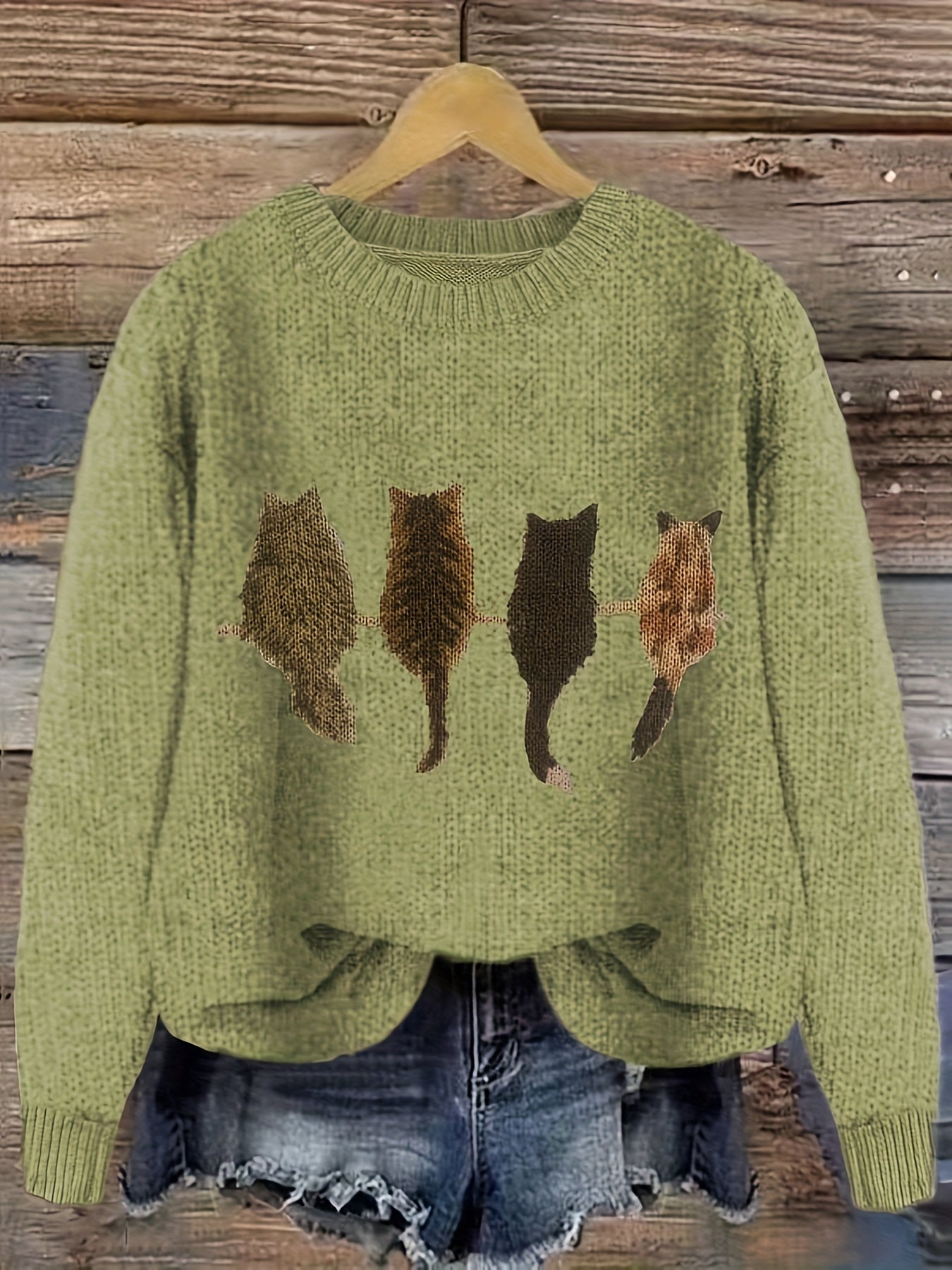 [Casual Cat Print Sweater] Color Block Cat Print Crew Neck Knit Sweater - Loose Fit Pullover - 100% Polyester - Women's Casual for Fall/Winter