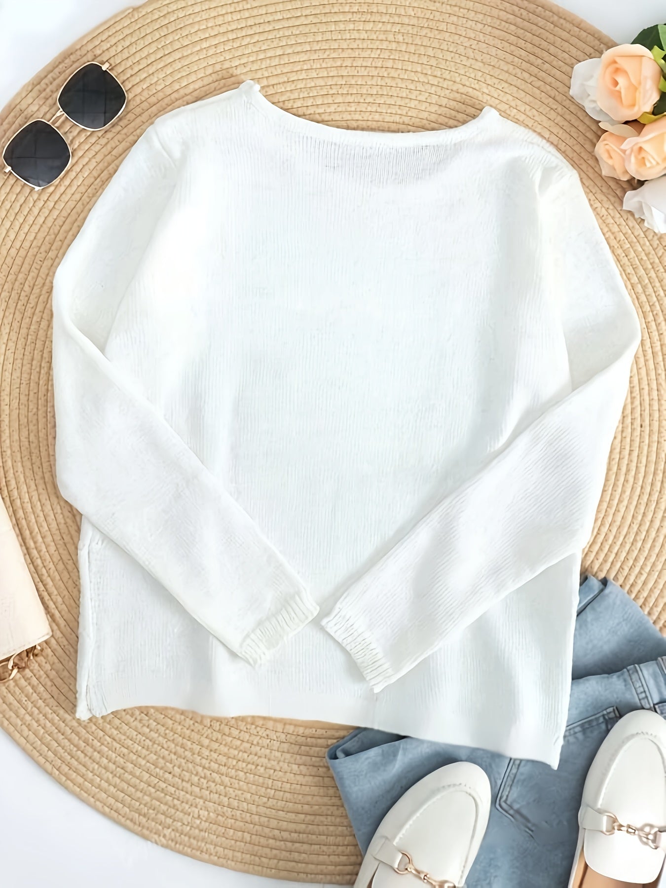 Women’s Oversized “BEACH” Crew Neck Pullover Sweater – Lightweight Polyester Knit, Casual All-Season Top
