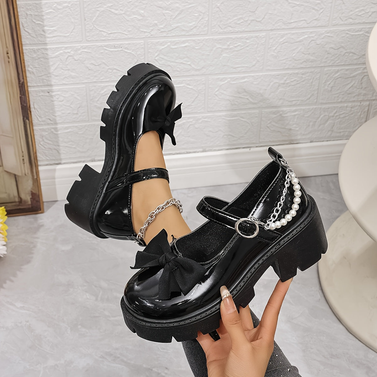 Women’s Pearl-Embellished Patent Penny Loafers – Chunky Round Toe Slip-On Shoes with Glitter Detail & PVC Sole, Mesh Lined, All-Season Fashion Footwear