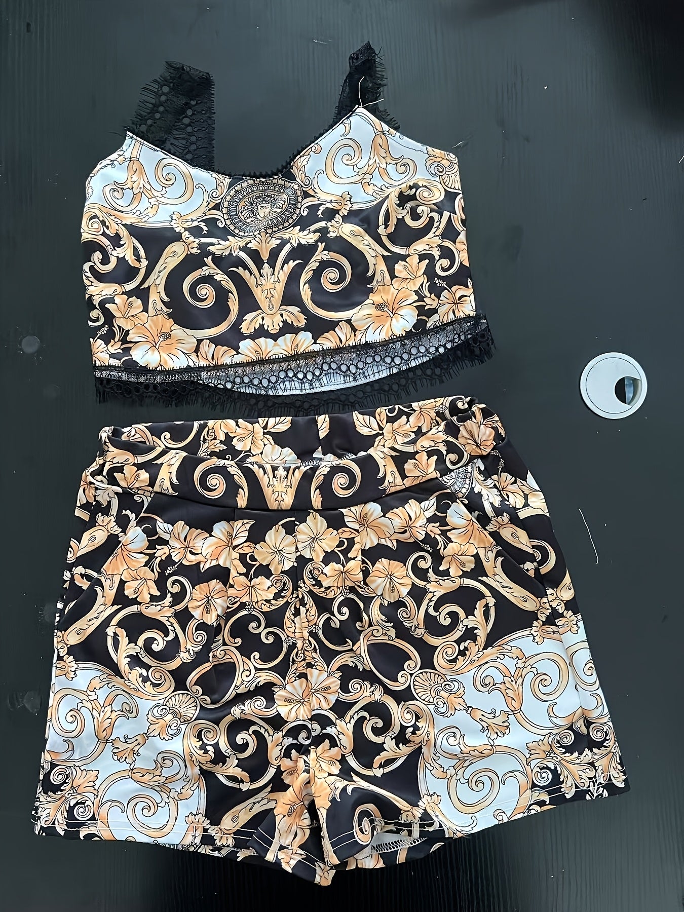 Cross border European and American Women's sexy palace printed lace suspender short top and shorts set