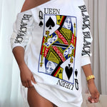 Women's Poker Print Sexy Lounge Dress, One Shoulder Long Sleeve Slash Neck Dress, Comfortable Home Wear For Fall