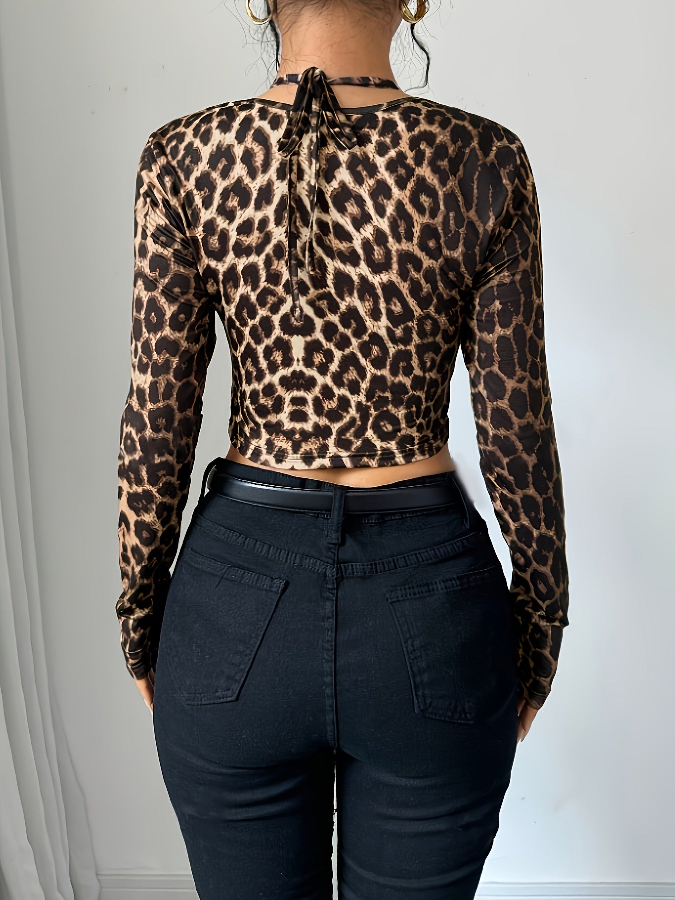 Women'S Leopard Print Hollow Out Crop Top, Halter Neck Jersey Knit Fabric, Polyester 95% Elastane 5%, All Season Short Length Blouse