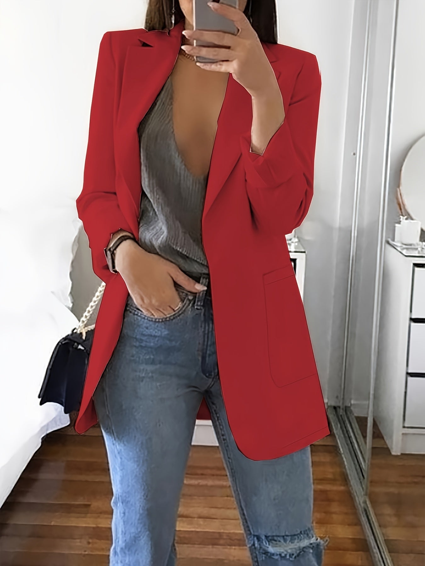 2pcs Stylish Solid Color Blazer & Top Set for Women - Casual Long Sleeve Buttonless Placket with Pockets, Polyester, H-Line, Spring/Summer/Fall, Casual Attire|Modern Casualwear|Polyester Jacket