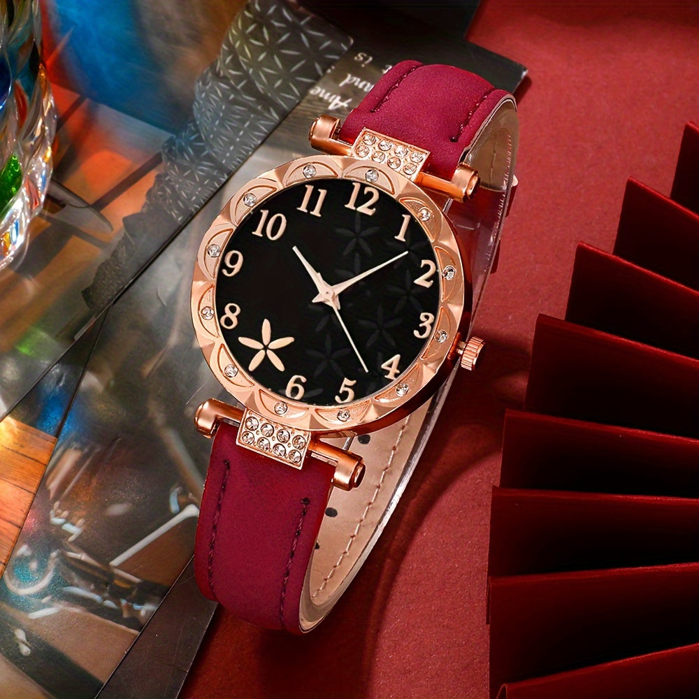 Set of 6 Beautifully Designed Printed Rhinestone Quartz Watches with Digital Dial And Bracelets for Women, Perfect Gift for Her