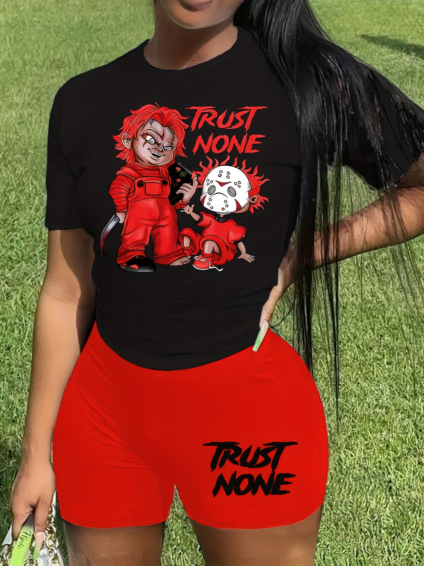 Sexy Orange & White Graphic Print Two-Piece Set - Women's "TRUST NONE" Short Sleeve T-Shirt & High-Waist Shorts, Polyester Blend, Machine Washable