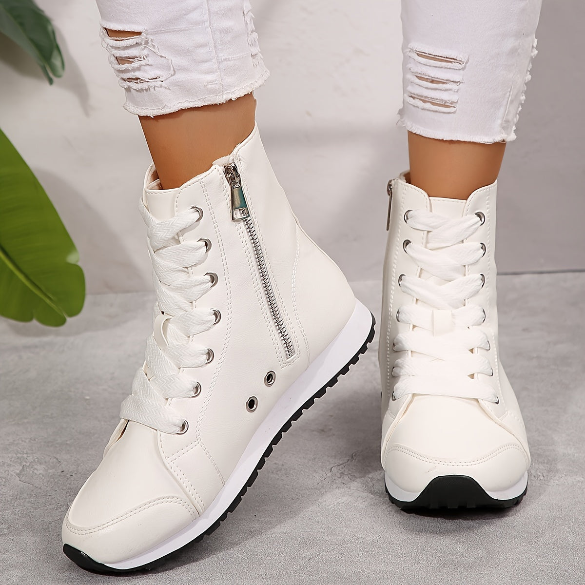 YMM980-99 White & Black Military Green High-Top Side Zipper Women'S Fashion Casual Versatile Inner Zipper Lace-Up Comfortable Breathable Sports Ankle Boots
