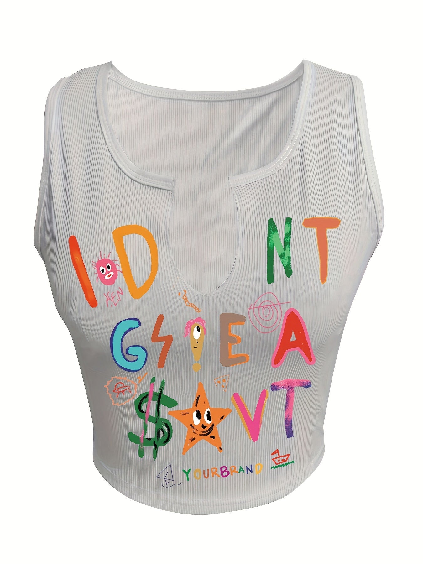 Women'S Fashion Printed Tank Top, Polyester & Spandex Blend, Geometric Pattern, Notched Collar, Short Length, Knit Fabric, 250g/m², with Ditsy Scrawls Design for Spring/Summer/Fall