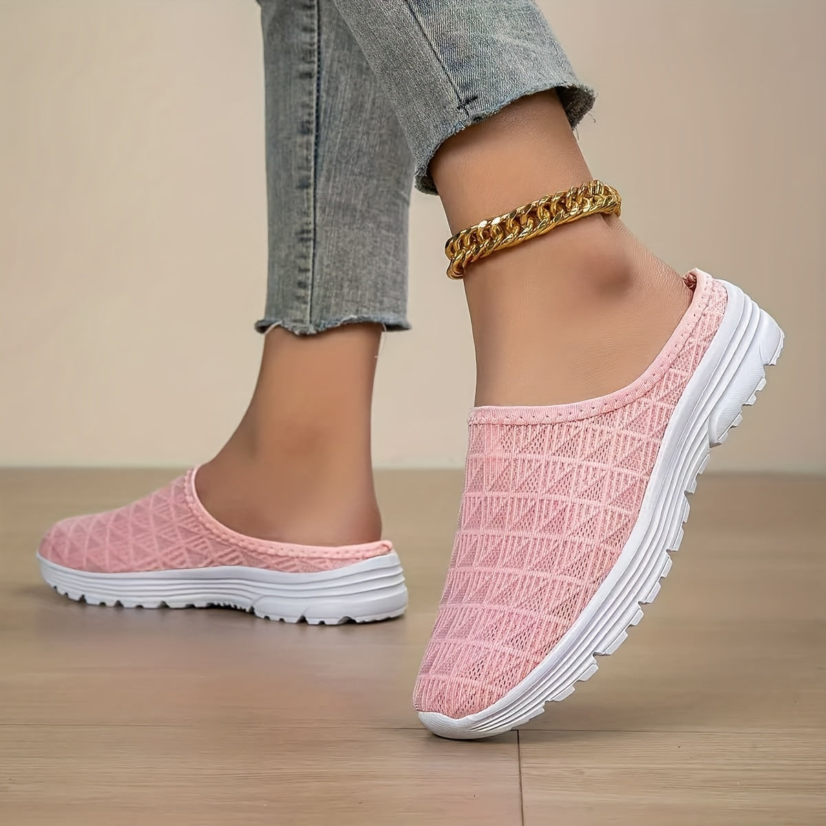 [Lightweight Slip-On Sneakers] Quanzhou Shoes Women's Lightweight Breathable Knit Slip-On Sneakers - Pink, All-Season Casual Walking Shoes with Stability Support, Fabric Upper & MD Sole, Everyday Footwear | Comfortable Wear |