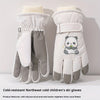 1 Pair Women'S Winter Ski Gloves, Cute Panda Design, Touchscreen Compatible, Polyester Thermal Lining, Velvet Palm, Magic Tape Closure, Hand Washable, Weather-Resistant