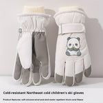 1 Pair Women'S Winter Ski Gloves, Cute Panda Design, Touchscreen Compatible, Polyester Thermal Lining, Velvet Palm, Magic Tape Closure, Hand Washable, Weather-Resistant