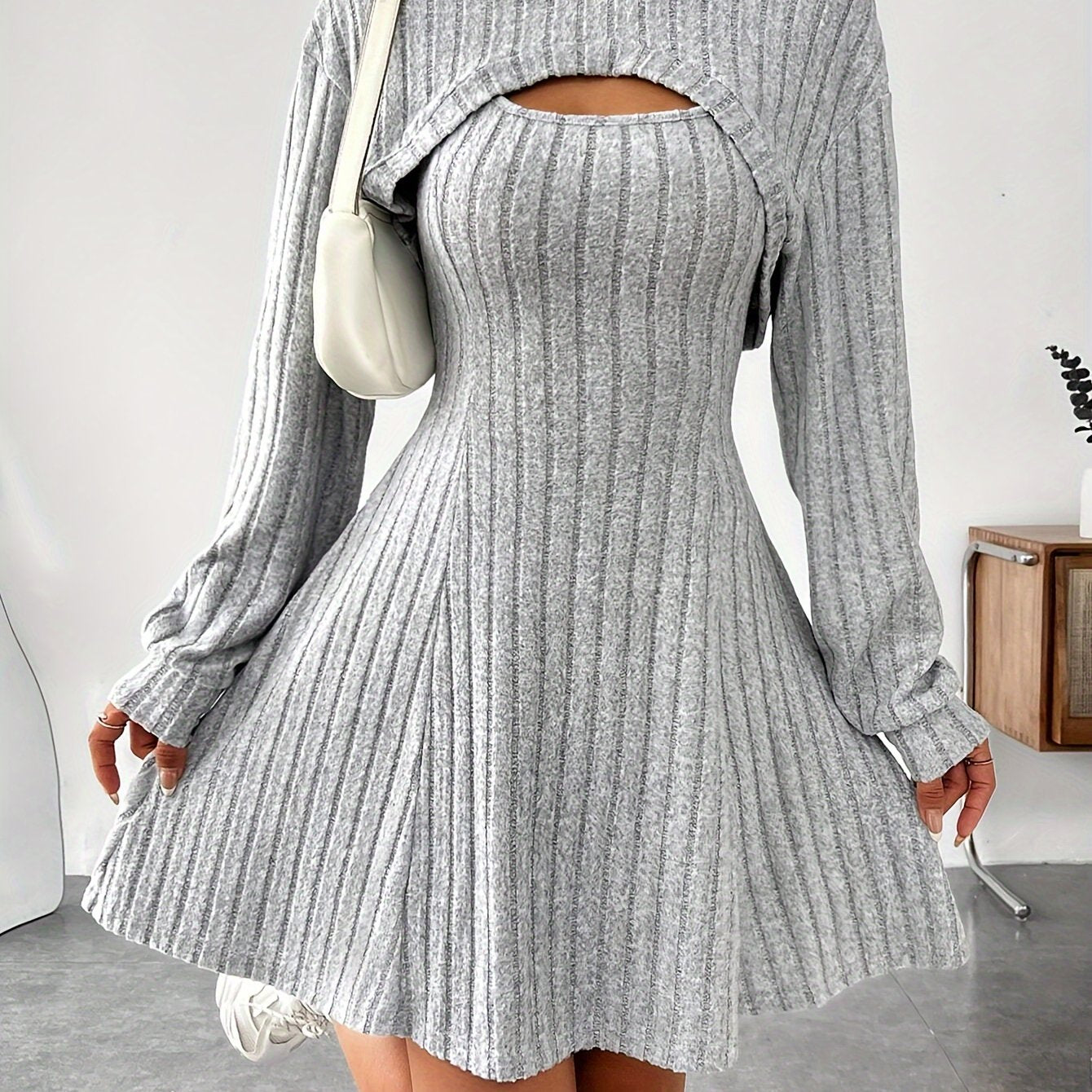 Long Sleeve Solid Color Ribbed Hoodie Shrug Top & Sleeveless Square Neck A-line Tank Dress Set, Women's Clothing Outfits