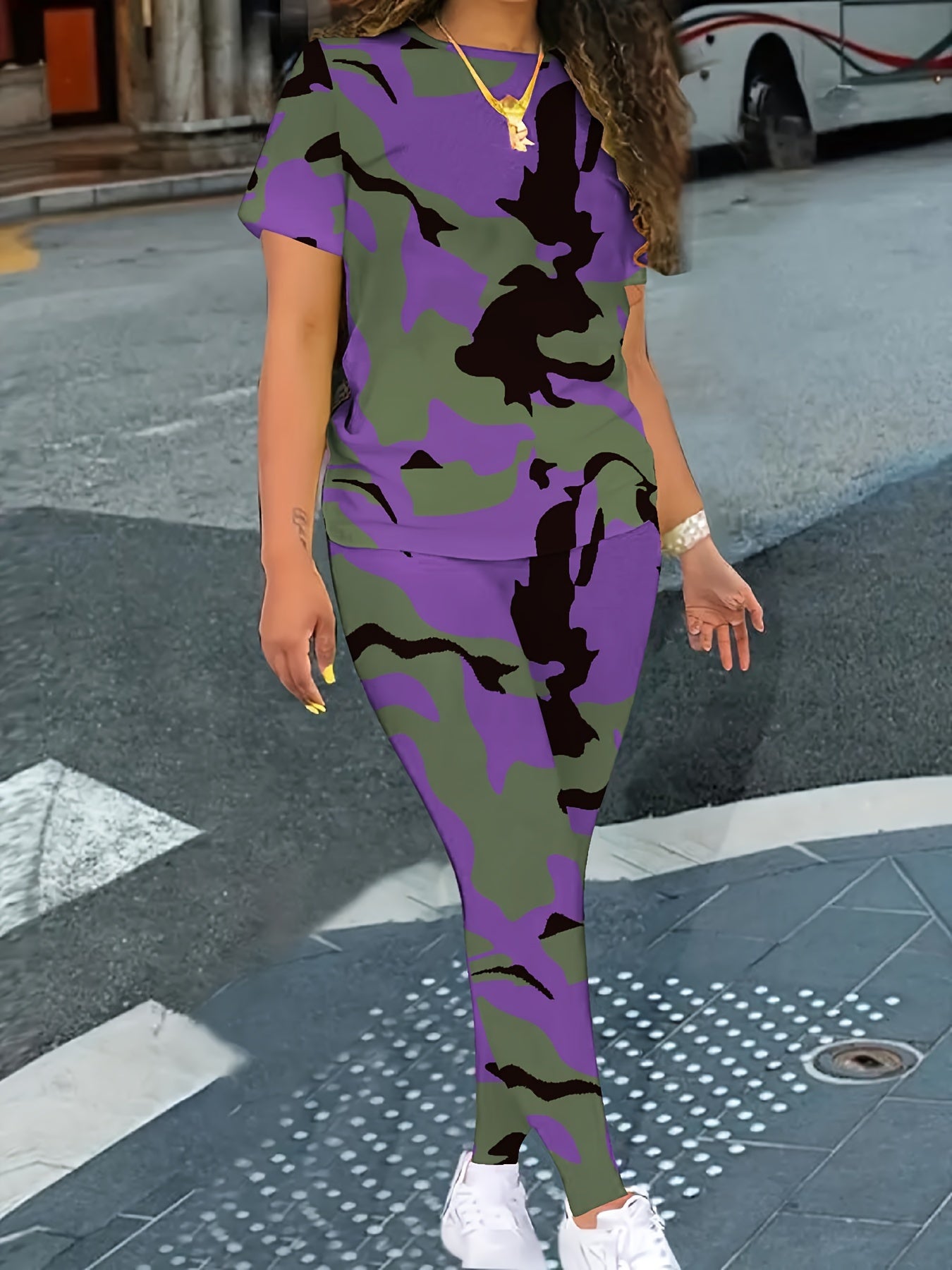 Camo Print Two-piece Set, Casual Crew Neck T-shirt & Skinny Pants Outfits, Women's Clothing