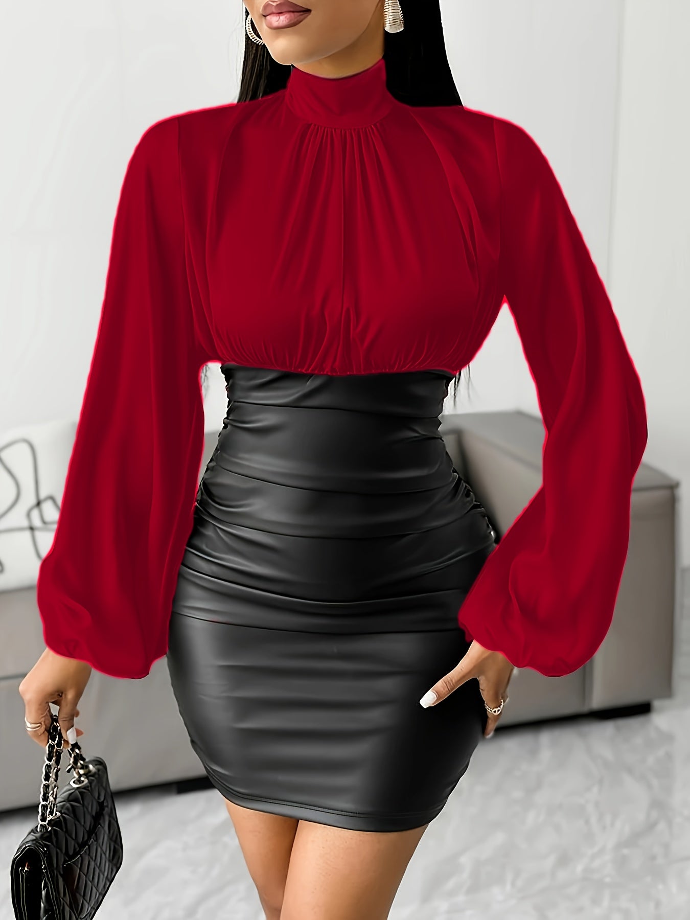 Elegant Women'S Patchwork Mini Dress with Pleated Detail, Long Sleeve, Stand Collar, and Side Zipper - Chic Two-Tone Business Casual Attire, All-Season Wear, Stylish Women'S Attire|Stand Collar Dress|Zipper Detailing