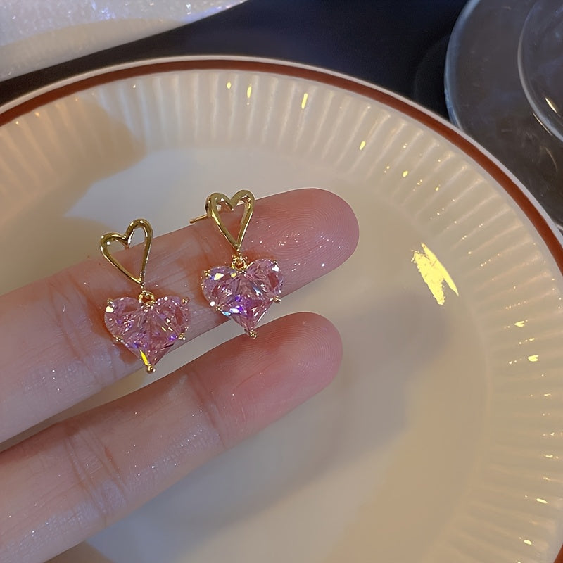 3pcs Y2K-Inspired Pink Heart Bling Jewelry Set - Sparkling Earrings and Necklace, Perfect for Daily Wear, Dates, Vacations & Parties, Date Night Jewelry|Heartshaped Bling|Goldtone Alloy, Jewelry & Accessories