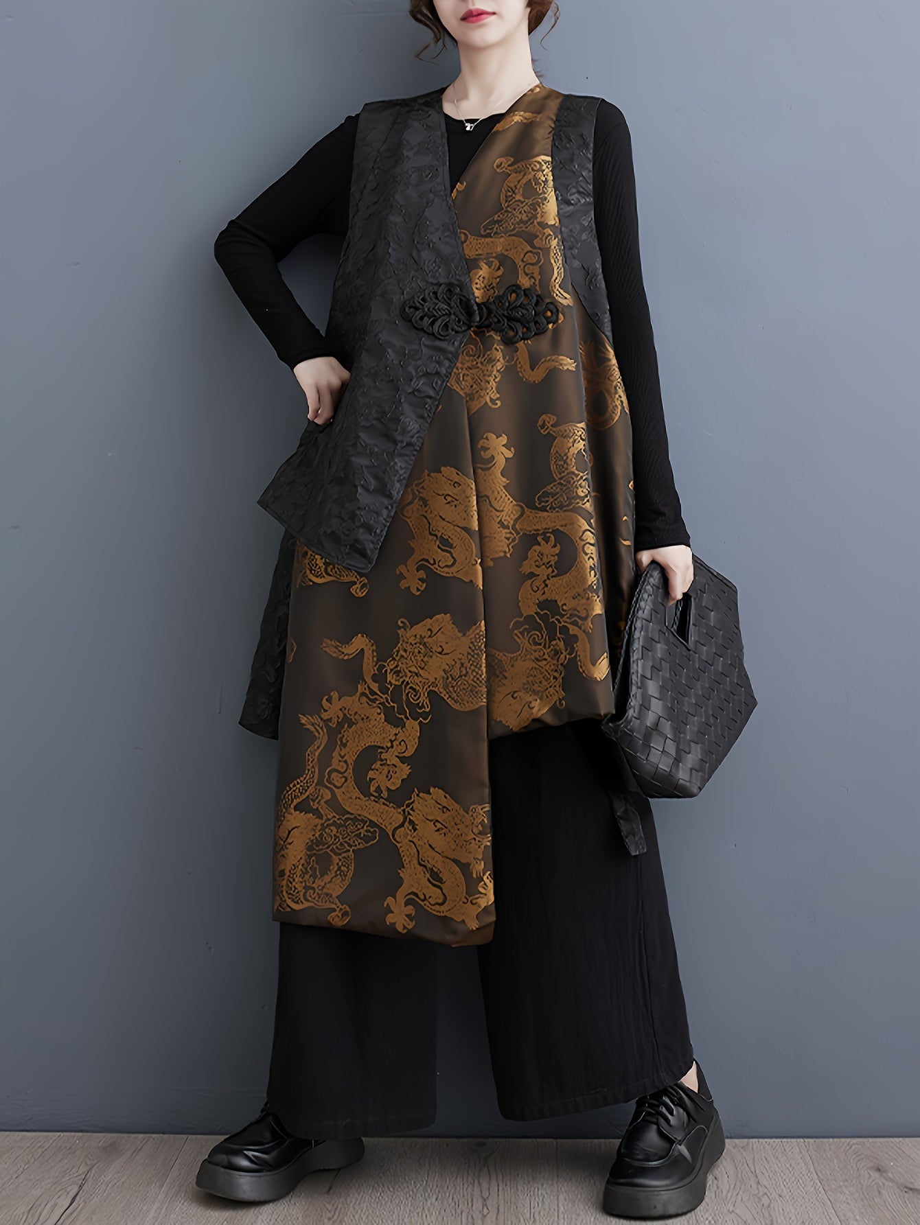 1pc Elegant Plus Size Golden Dragon Print Sleeveless Kimono Cardigan - Casual Polyester Woven Outerwear with Asymmetrical Hem and Criss-Cross Neck Design