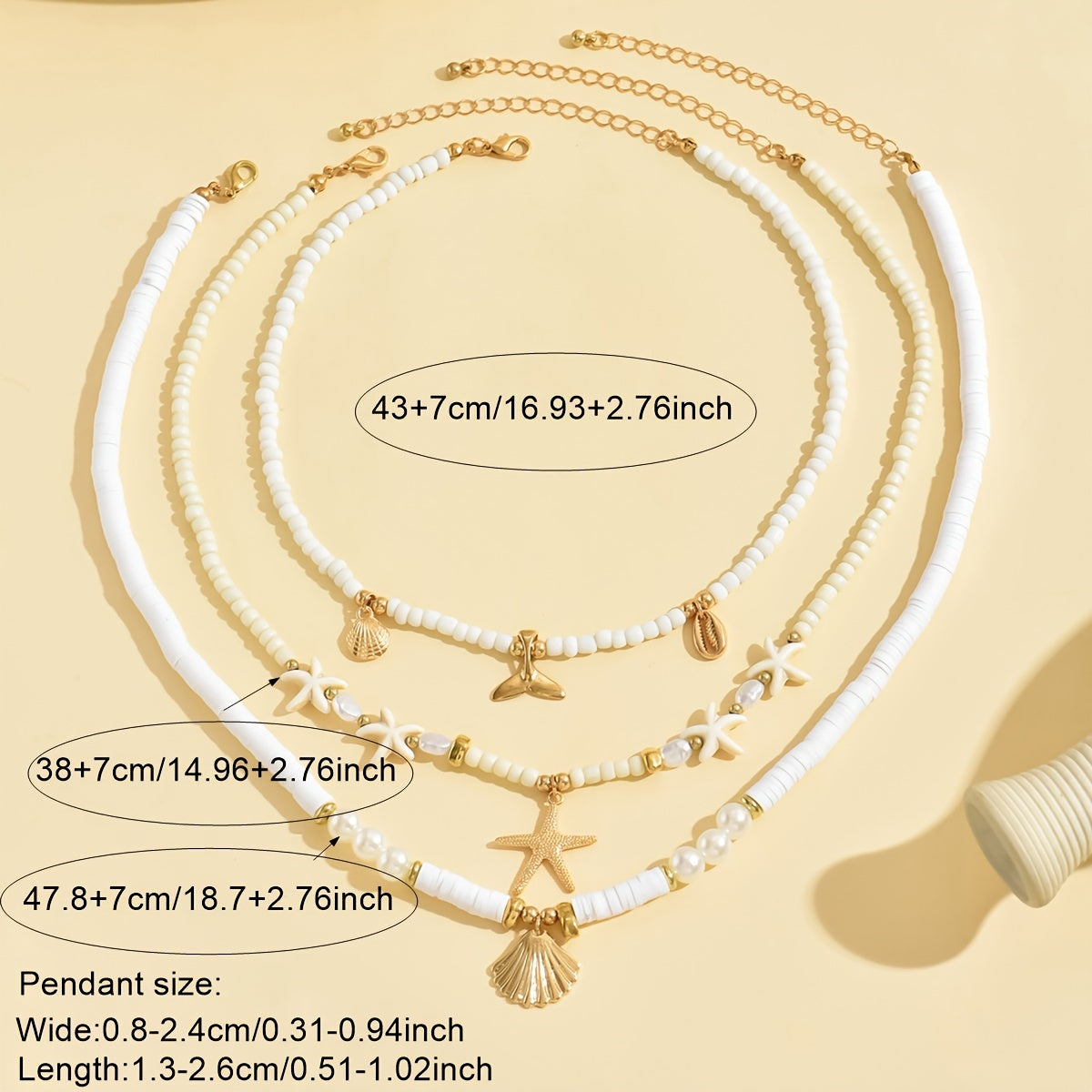 3pcs/set Bohemian Scallop Starfish Fish Tail Imitation Pearl Soft Clay Rice Bead Stacked Necklace Suitable for Women's Daily Matching in Autumn and Winter