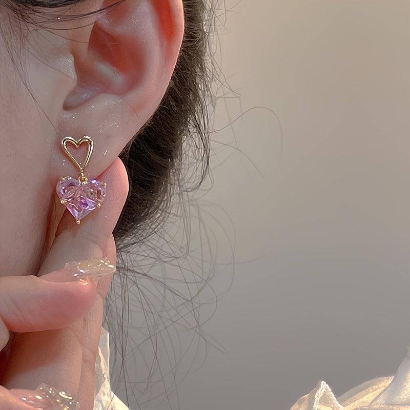 3pcs Y2K-Inspired Pink Heart Bling Jewelry Set - Sparkling Earrings and Necklace, Perfect for Daily Wear, Dates, Vacations & Parties, Date Night Jewelry|Heartshaped Bling|Goldtone Alloy, Jewelry & Accessories