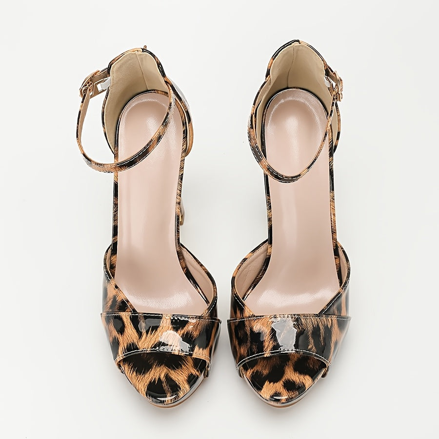 Elegant Leopard Print High Heel Sandals for Women - Sexy Open Toe with Ankle Strap, Faux Cover Platform Dress Shoes with Chunky Heels, Perfect for Spring & Summer