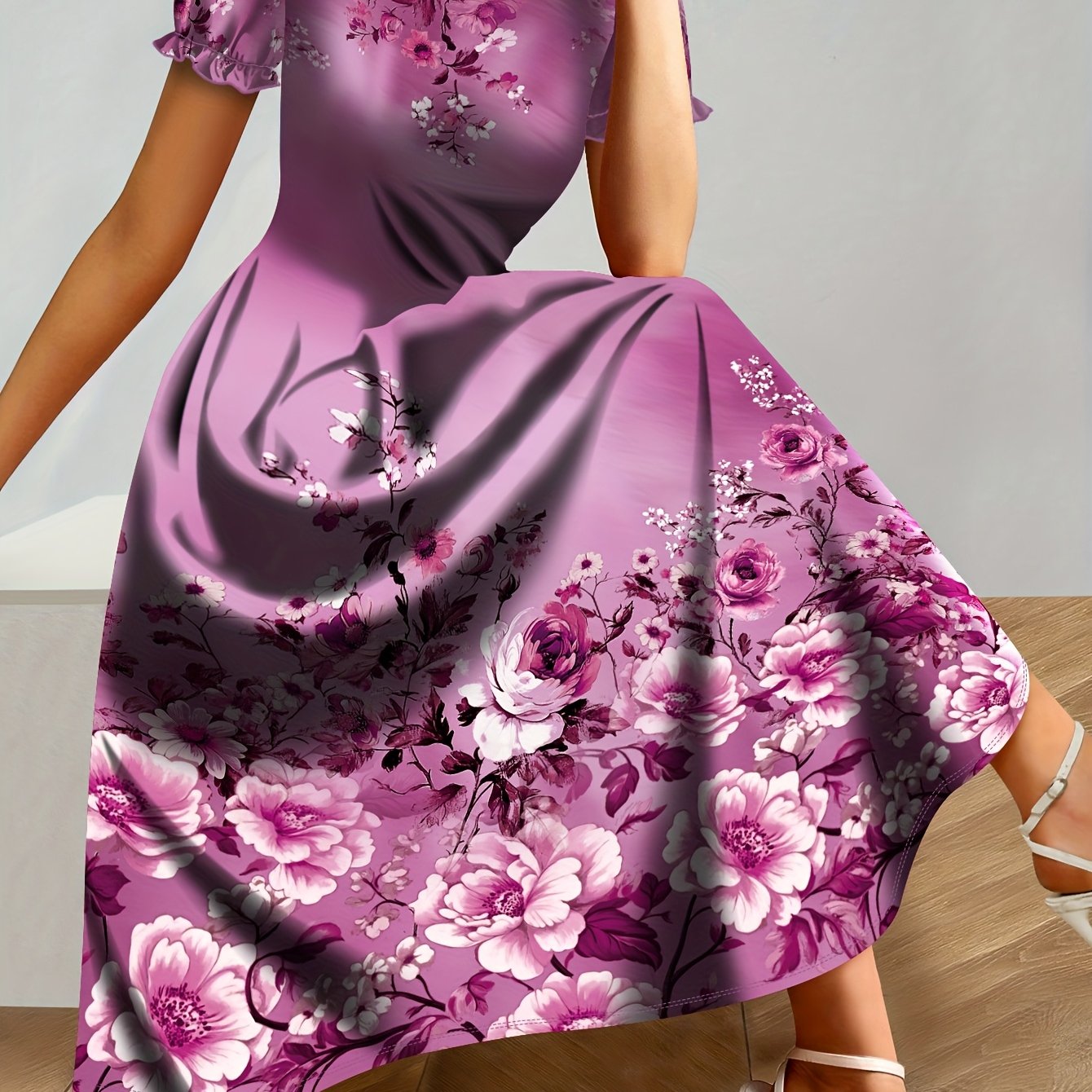 [Tropical Tie-Dye Ombre Maxi Dress] Tropical Tie-Dye Ombre Polyester Knit Women's Elegant Floral Print Maxi Dress - Crew Neck Lantern Short Sleeve, Loose Fit A-Line Long Dress for All Seasons, Machine Washable