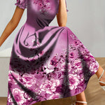 [Tropical Tie-Dye Ombre Maxi Dress] Tropical Tie-Dye Ombre Polyester Knit Women's Elegant Floral Print Maxi Dress - Crew Neck Lantern Short Sleeve, Loose Fit A-Line Long Dress for All Seasons, Machine Washable