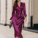 Elegant V-neck Lace-up Sheath Dress In Silky Satin