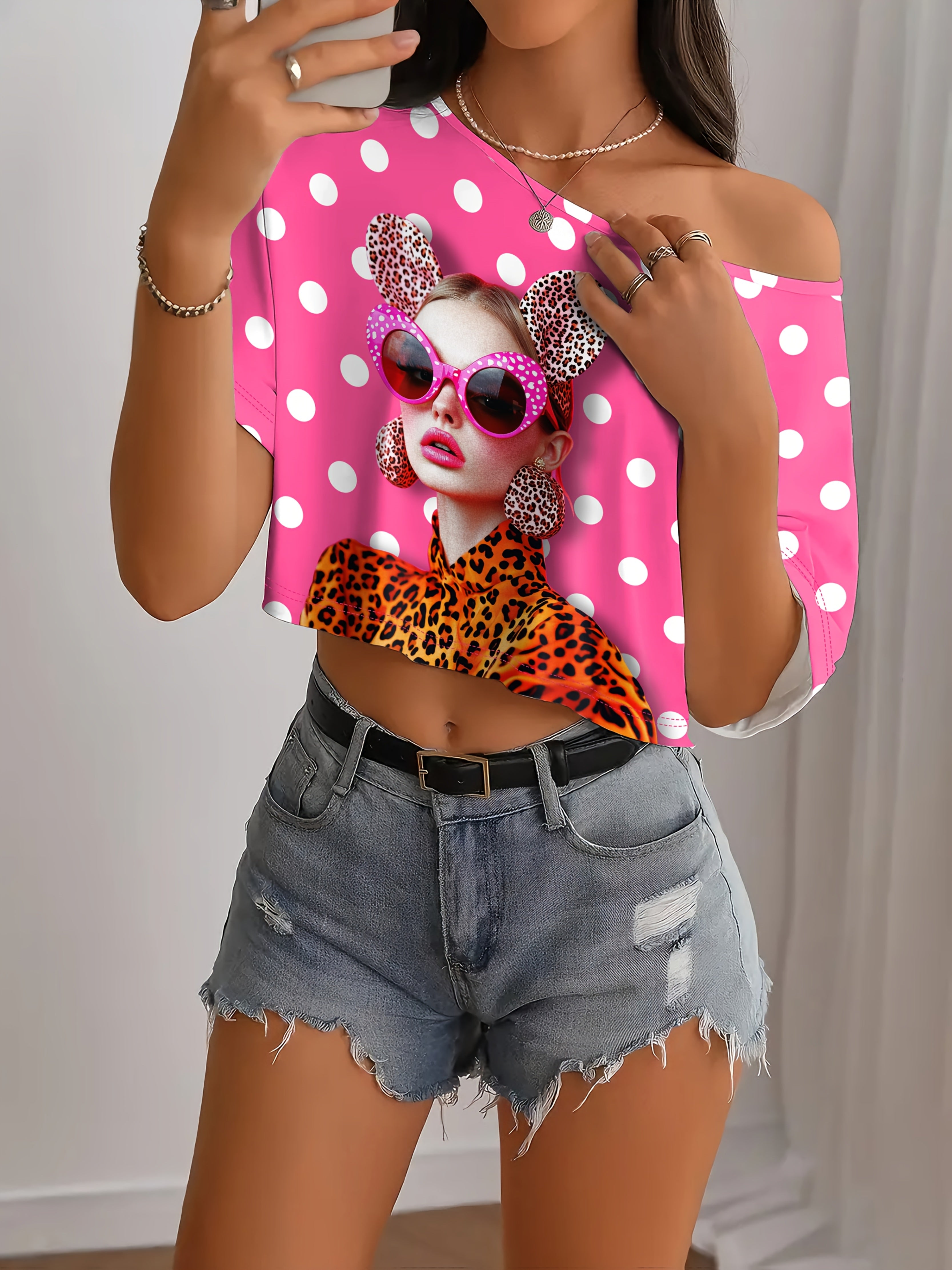Women's Summer Top, Fashionable Design, Innovative Pattern, Minimalist Artistic Style, Expressive and Romantic, Free to Mix & Match, Portrait Print, Sexy Off-Shoulder T-Shirt with Polka Dots