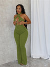Women'S Sexy Halter Neck Jumpsuit - Solid Color Knit Fabric Unitard with Slim Tie Detail, Polyester 95% Elastane 5%, Flared Leg Design for All Seasons