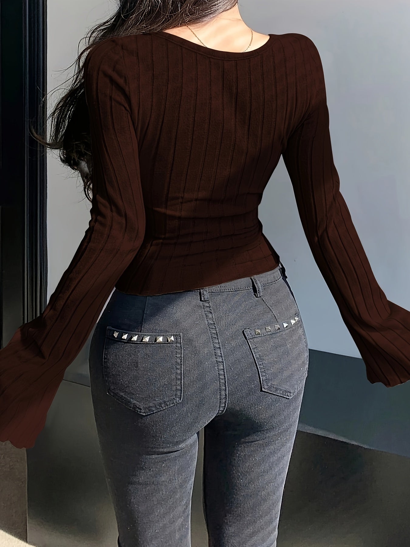 Crisscross Scoop Neck Skinny Top, Casual Solid Color Long Sleeve Ribbed Top For Spring & Fall, Women's Clothing