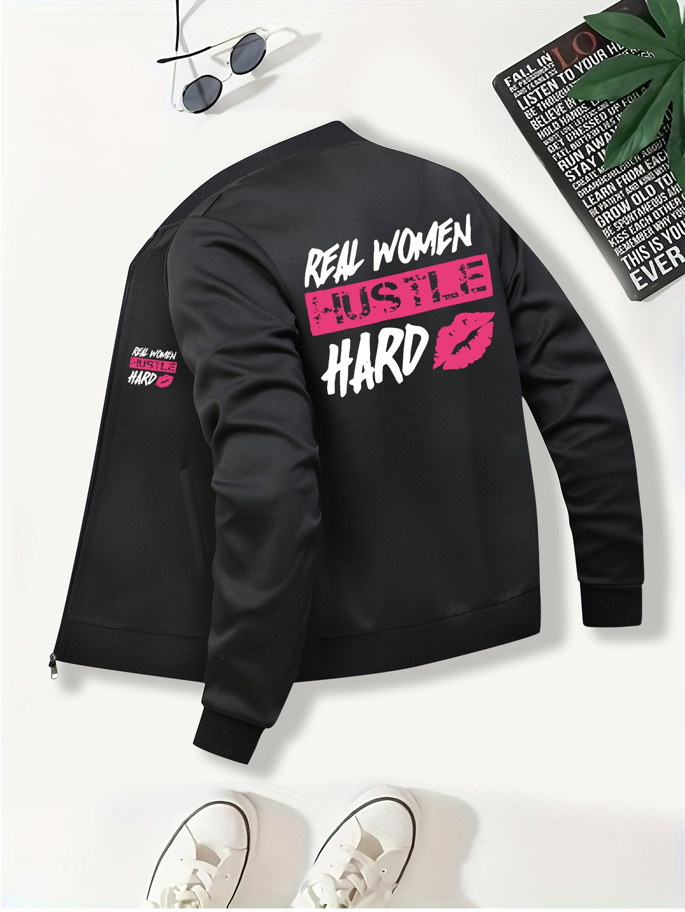 Everyday Comfort, Women's "Real Women Hustle Hard" Casual Bomber Jacket - Mint Green, Long Sleeve, Zip-Up with Pink Lips Graphic, Polyester Blend, Machine Washable, Motivational Apparel|Trendy Bomber Jacket|Smooth Texture Fab