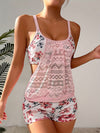 Floral Pattern 2 Piece Set Tankini, Round Neck Contrast Mesh Boxer Short Bottom Swimsuits, Women's Swimwear & Clothing