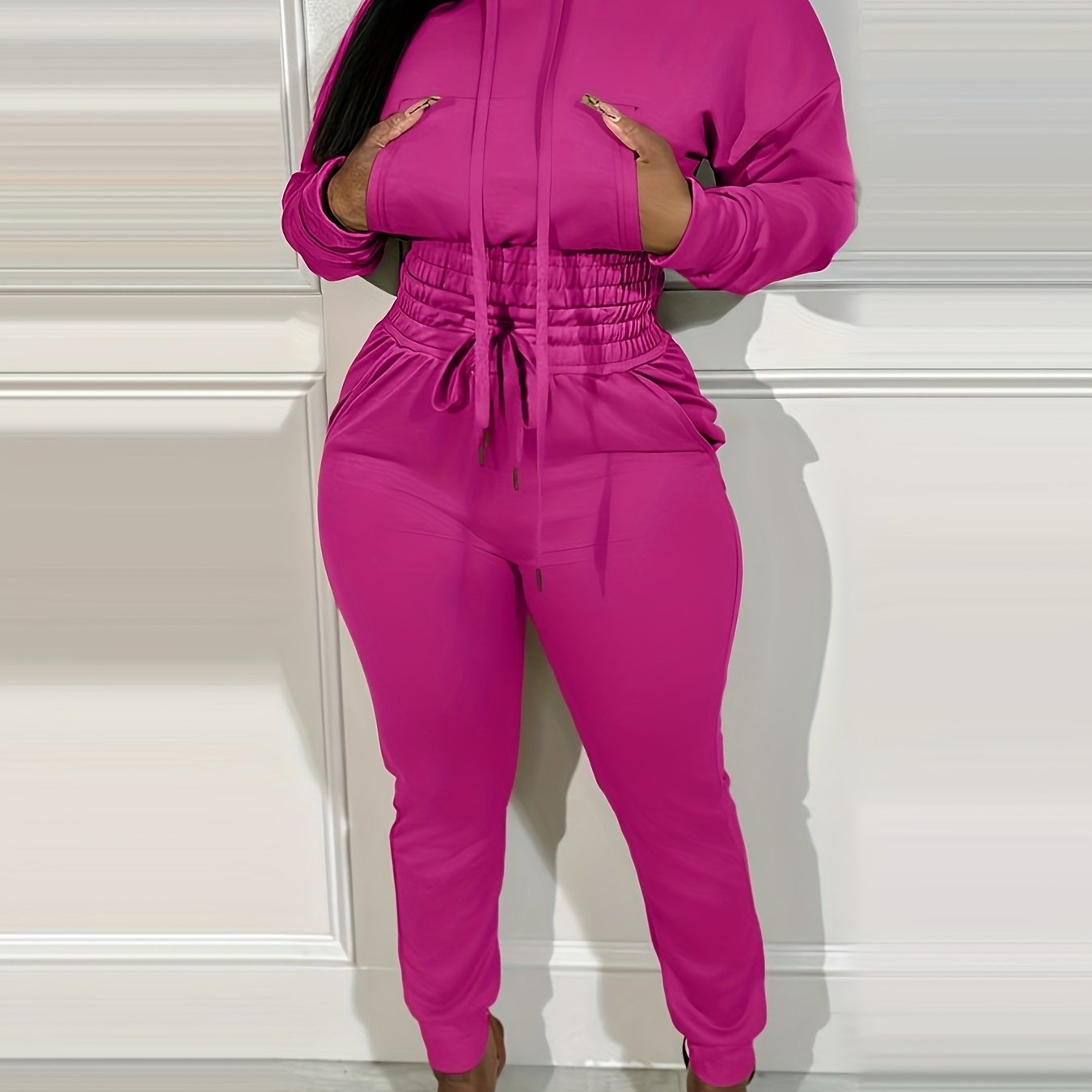 Two-piece Long Sleeve Kangaroo Pocket Drawstring Hoodie & High Waist Drawstring Jogger Pants, Casual Solid Color Women's Clothing Set