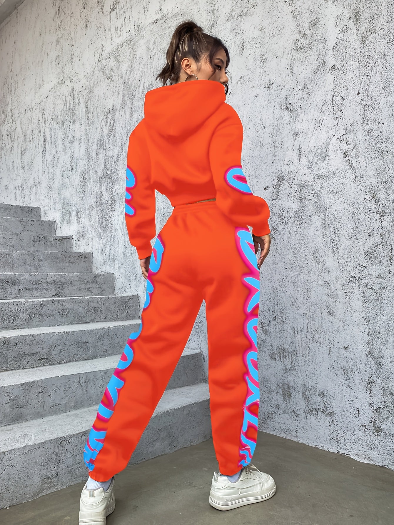 Women'S Spring/Fall Hooded Sweatshirt and Pants Set, Polyester 98% Elastane 2%, Alphabet Pattern, Knit Fabric, 250g/m² - A3964