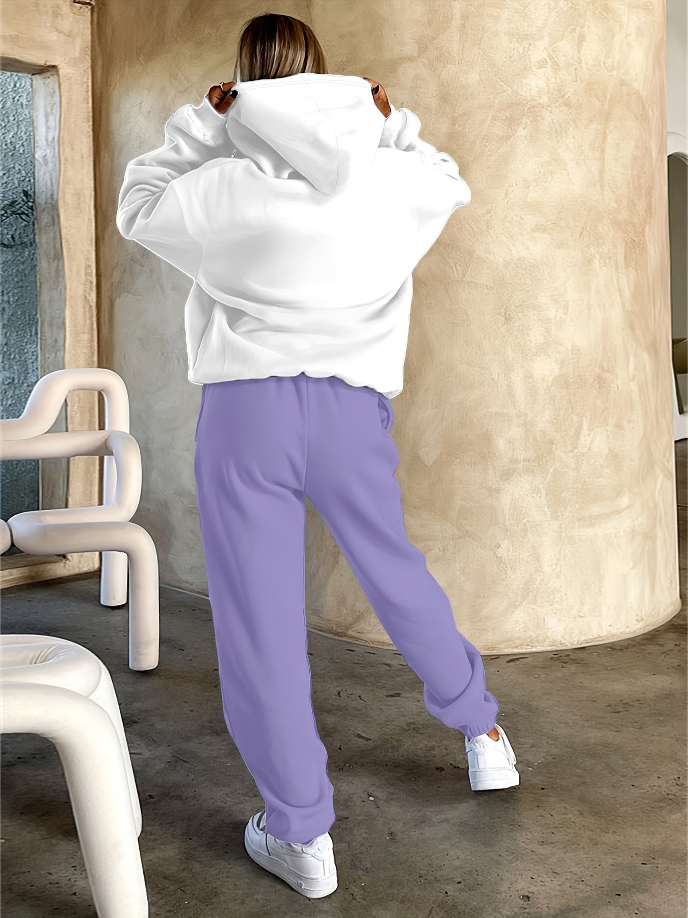 Women's Fashionable Athletic Two-Piece Set: White Hoodie with "THROAT PUNCH" Print & Blue Joggers with Drawstring - Casual, Trendy Streetwear, Polyester, Relaxed Fit Clothing|Playful Graphic Print|Glossy Fabric