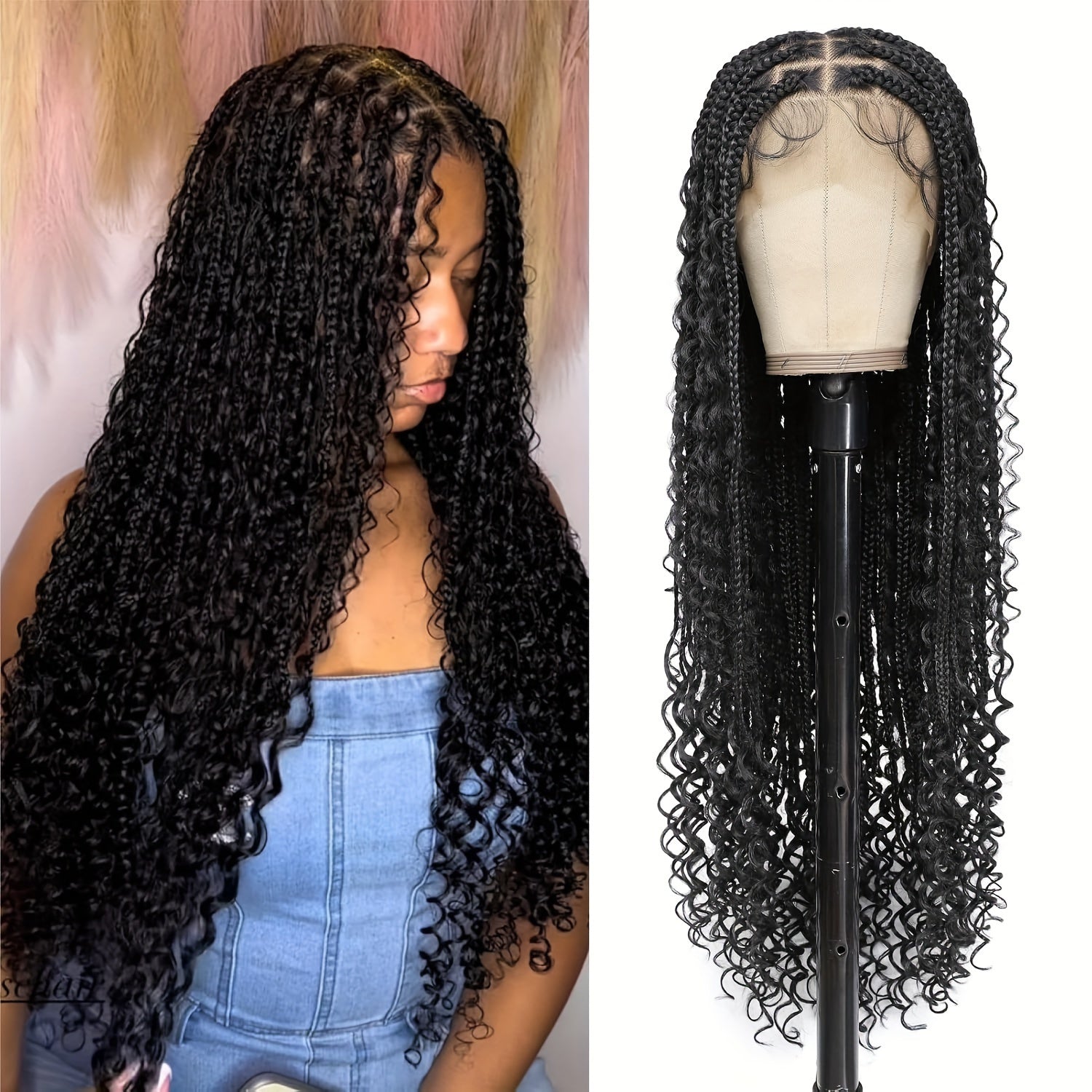 13x8 HD Lace Front Boho Knotless Box Braided Wigs For Women Bohemian Braiding Wig Braid Lace Front Wig With Curly Ends Blended Braided Wig 36 Inch