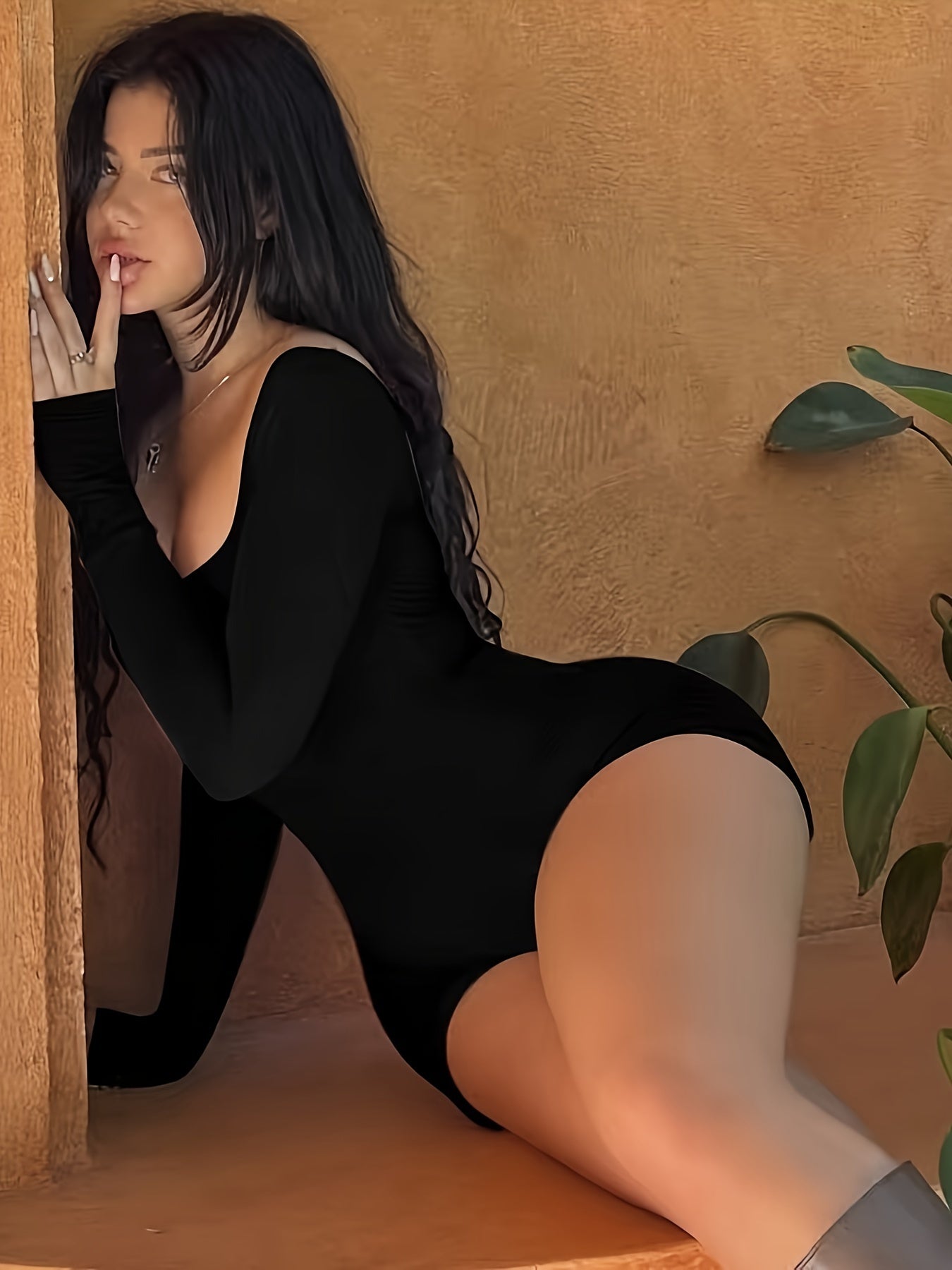 [Sexy Backless Romper] Black Long Sleeve Sexy Backless Bodycon Romper for Women - Stretchy, Low-Cut, Form-Fitting, Polyester Jumpsuit with Tie-Up Detail for Spring/Summer