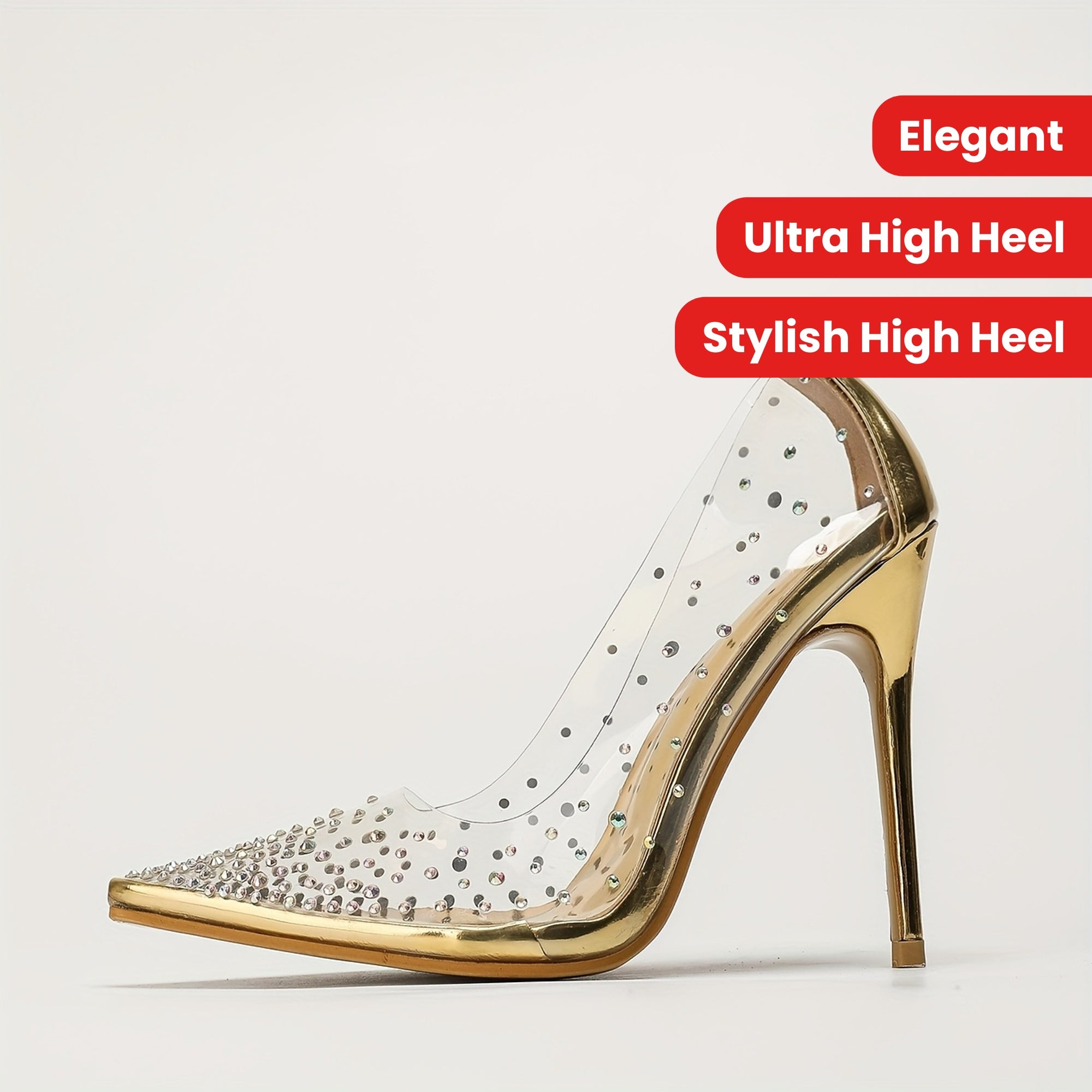 Elegant Golden T-Strap Stiletto Heels with Sparkling Rhinestones - 4.33inch Ultra High Heel, Pointed Toe, TPU Upper, Synthetic Insole & Sole, Allseason Fashion, Stylish High Heel | T Strap Heels | Tpu Upper Heels