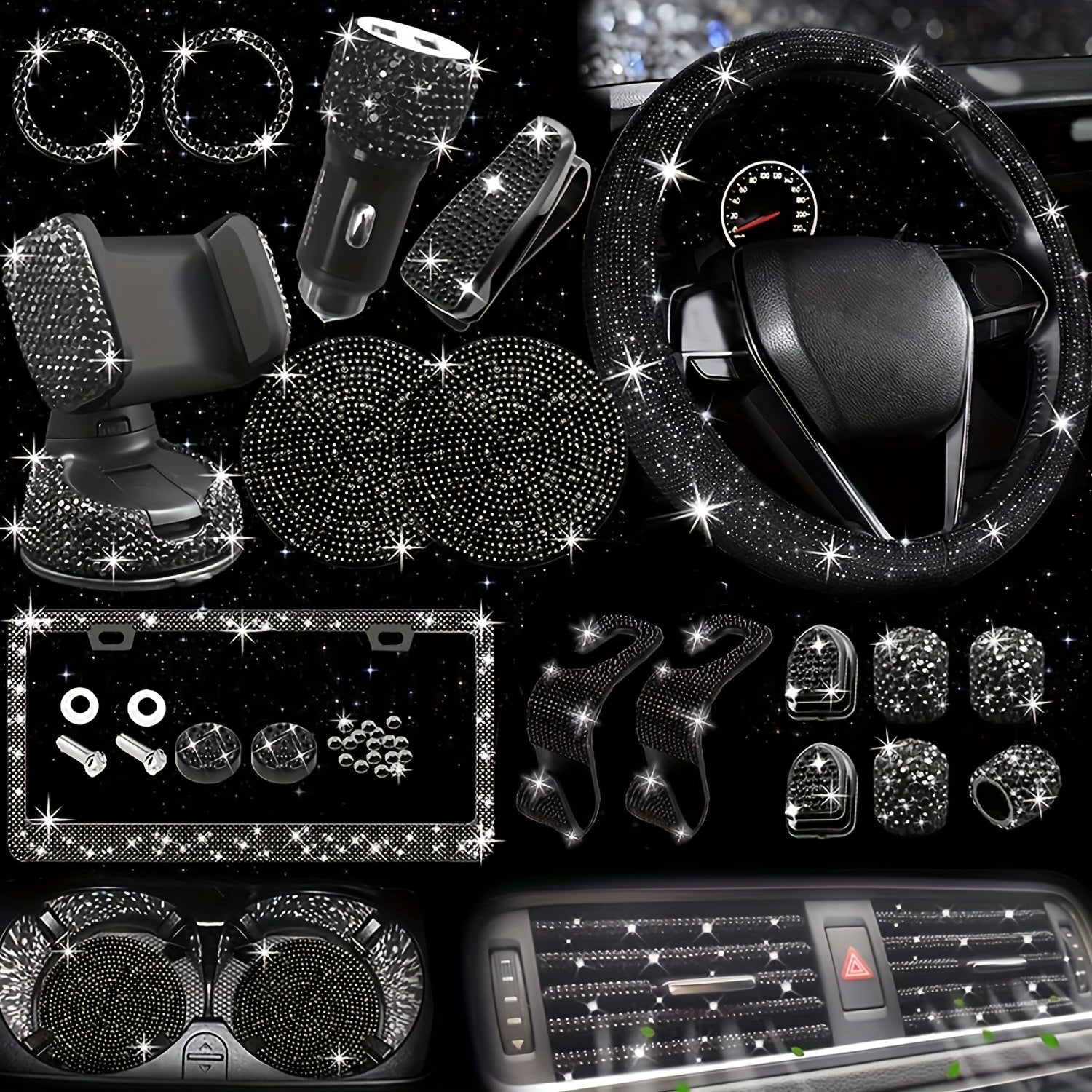 [Diamond Steering Wheel Cover] Artificial Diamond Steering Wheel Cover and Coaster Set - Car Decoration
