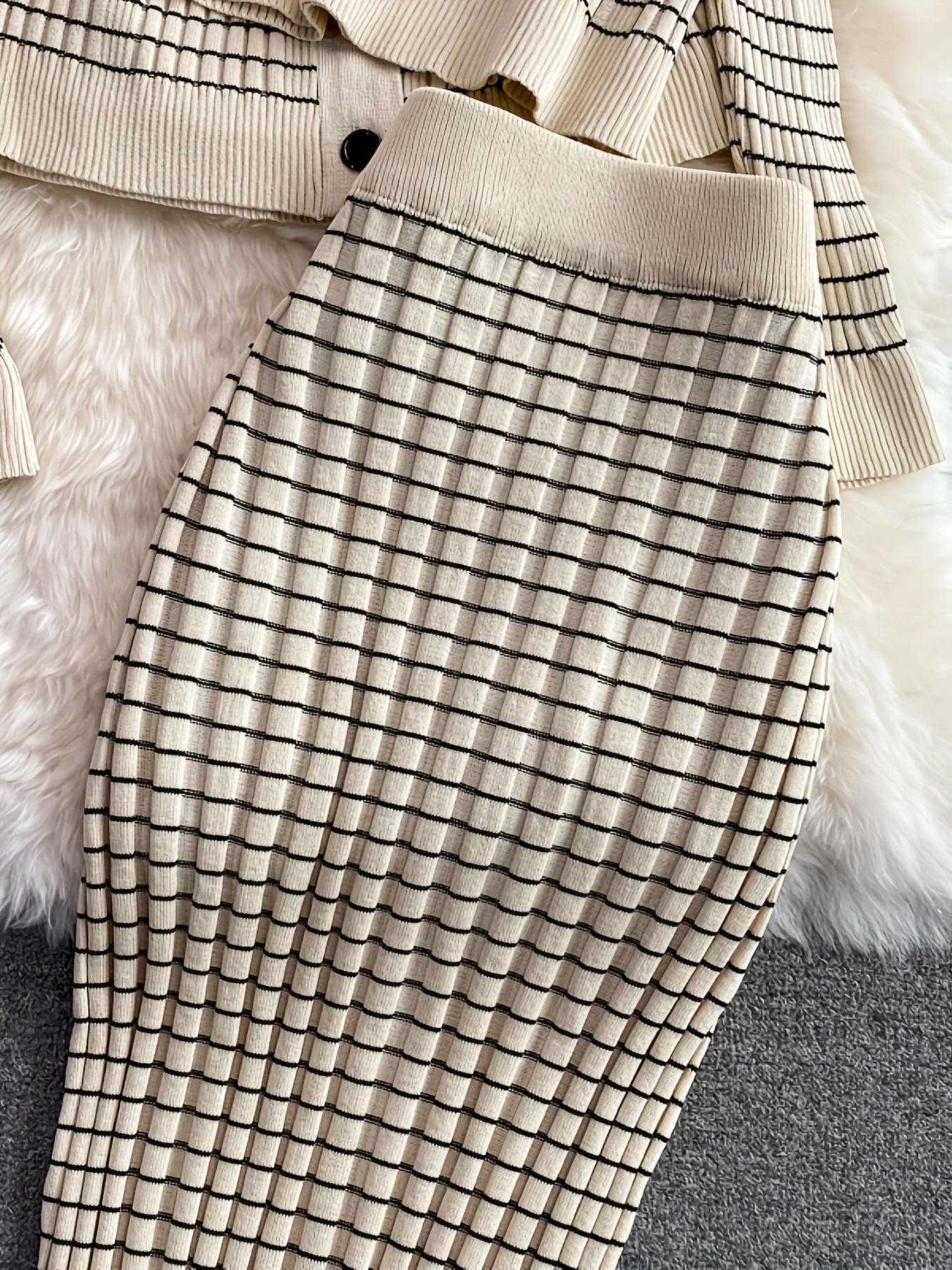 3pcs Women'S Viscose Knit Set - Casual Striped Halter Top, Lapel Collar Cardigan & Pencil Skirt - Slight Stretch Long Sleeve Office Attire for Fall/Winter