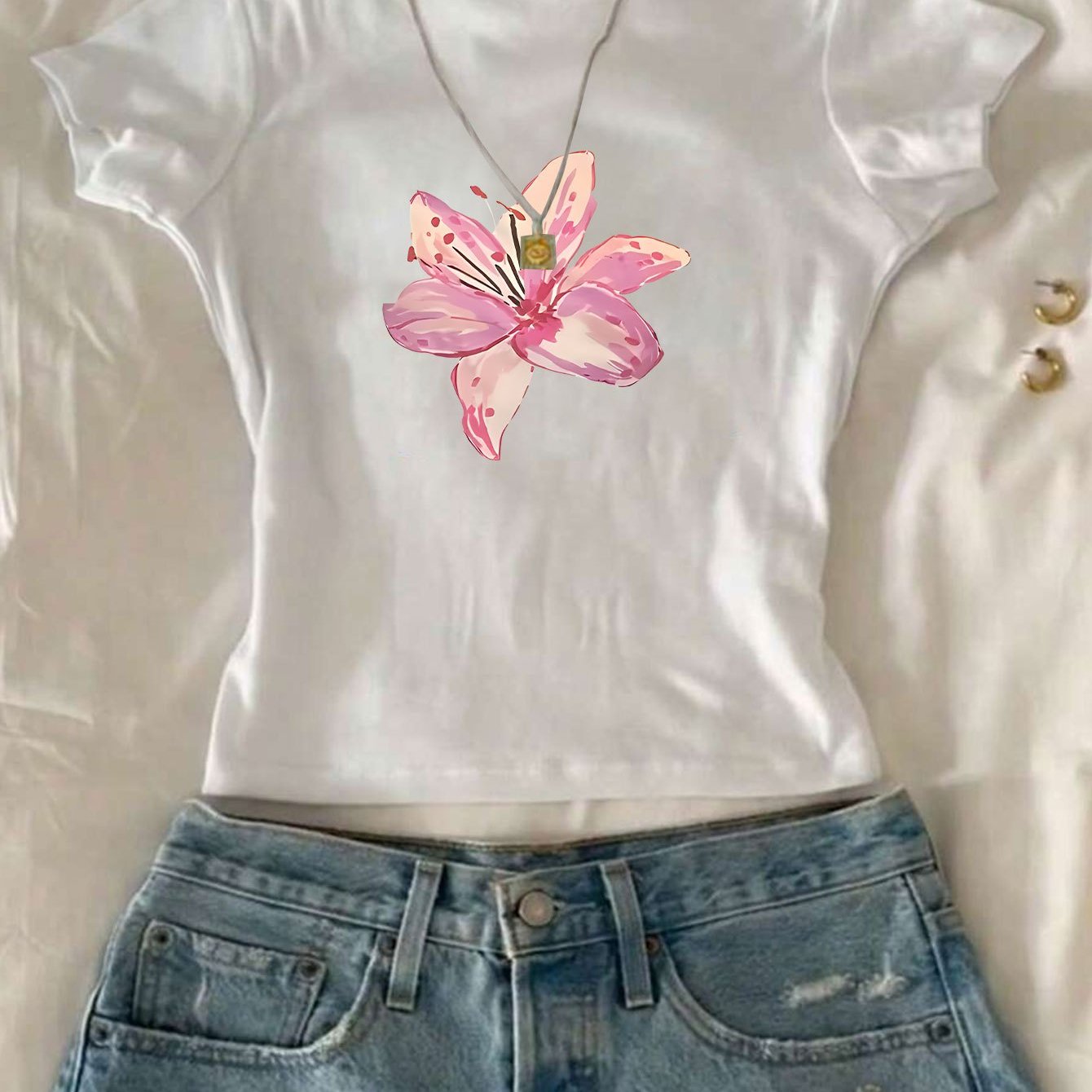 Flower Printed Crew Neck T-Shirt, 100% Casual Fit Women'S T-Shirt Top, Summer And Spring Fashion
