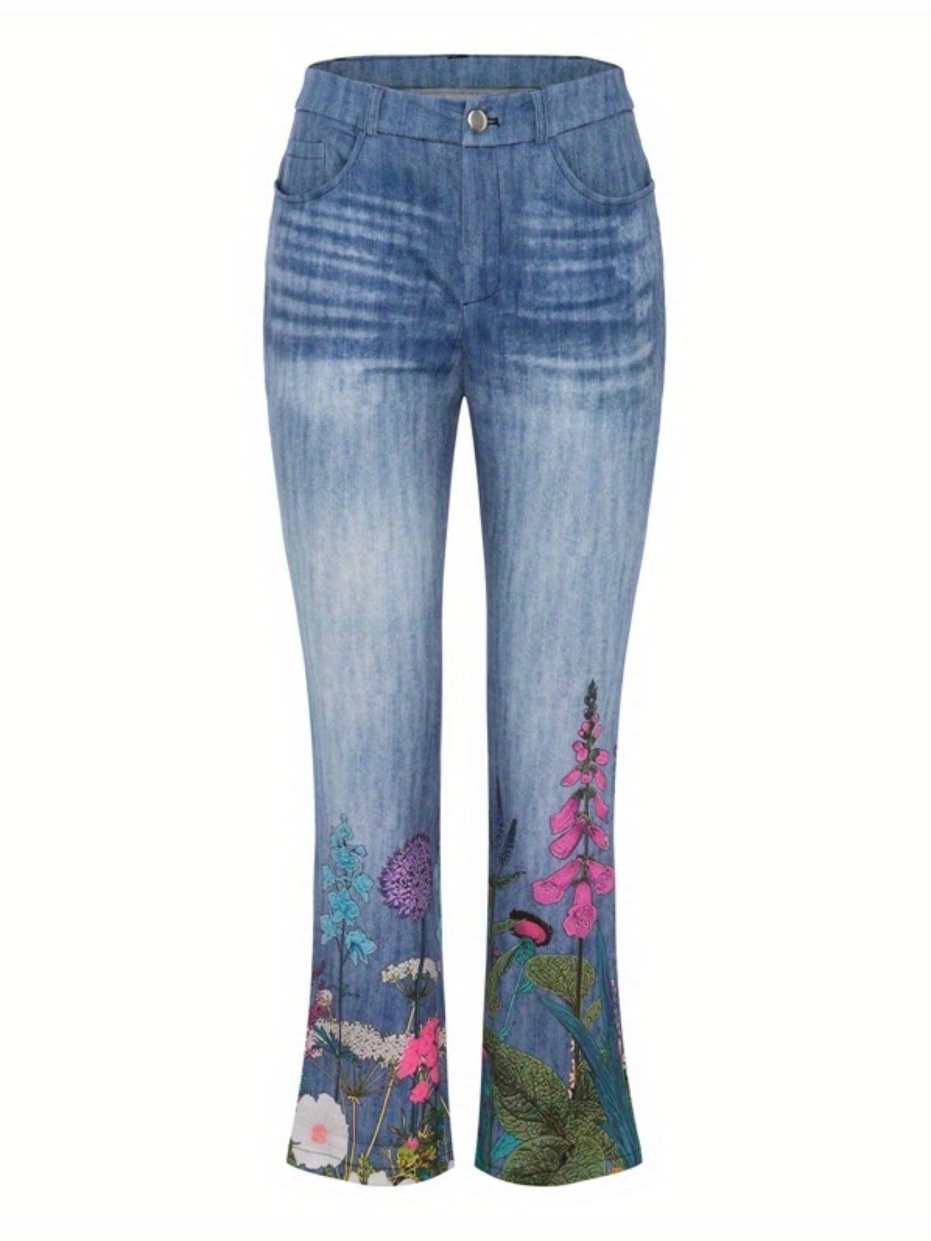 Women's Vibrant Floral Print Flared Jeans - Casual Bell Bottom Denim Pants with Slash Pockets, Stretchy & Comfortable, Perfect for All Seasons